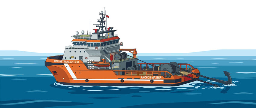 Orange Anchor Handling Tug Supply Vessel in Blue Water