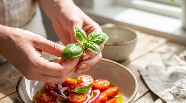 culinary detail, a close-up of hands adorned with natural nails holding fresh basil over a vibrant tomato salad