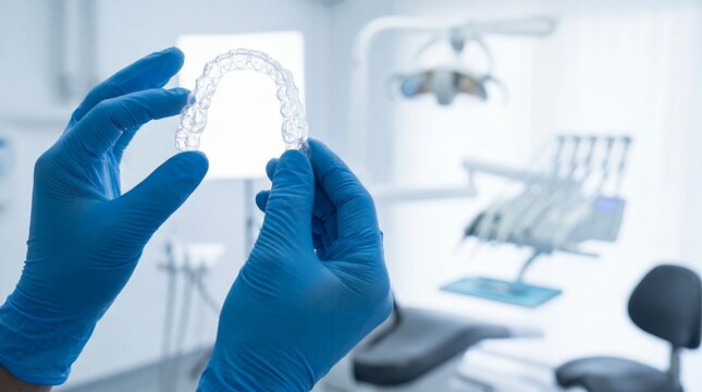 Clear aligner orthodontic tray dentist hands transparent retainer dental clinic showing teeth straightening appliance concept for smile correction marketing patient education and modern orthodontics