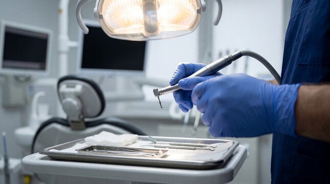 Dental drill handpiece dentist hands clinic instruments restorative treatment preparation showing equipment concept for dentistry training healthcare services technology marketing and patient care
