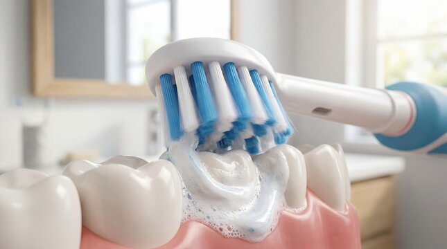 Electric toothbrush teeth cleaning toothpaste foam oral hygiene brushing dental model showing powered action concept for product advertising preventive care education and daily wellness campaigns