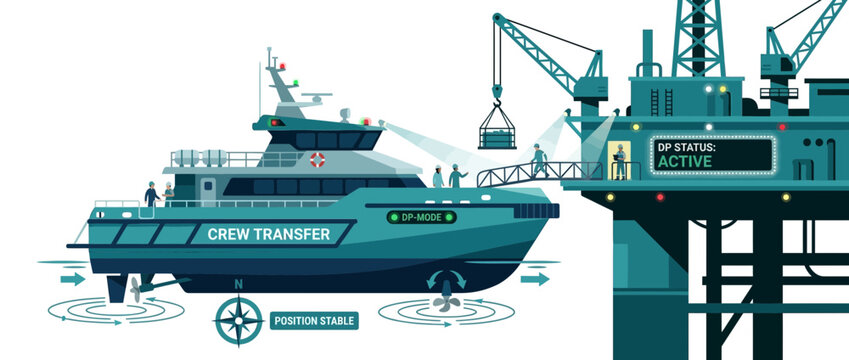 Offshore Crew Transfer Boat Docked at Oil Rig, Personnel Transferring via Gangway