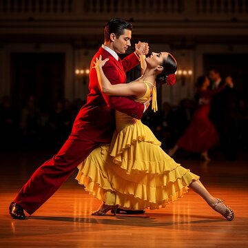 Passionate tango embrace: vibrant red and yellow swirl on polished floor, bathed in warm, dramatic light.