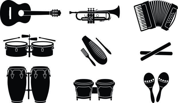 Latin musical instruments black silhouettes set, guitar, trumpet, accordion, timbales, guiro, claves, conga, bongo, maracas, isolated on white background