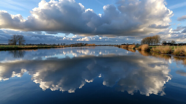 See spiegelt dramatische Wolkenformationen und blauen Himmel in ruhigem Wasser