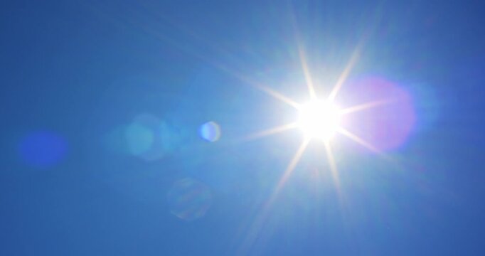 Pan shot of the bright hot summer sun shining in a clear blue sky with beautiful lens flare effects
