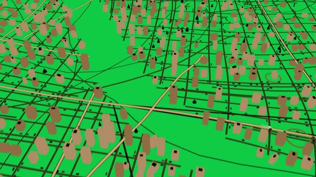 Red pin rising, causing camera pulling back, tilting, revealing 3D map of roads on transparent bg