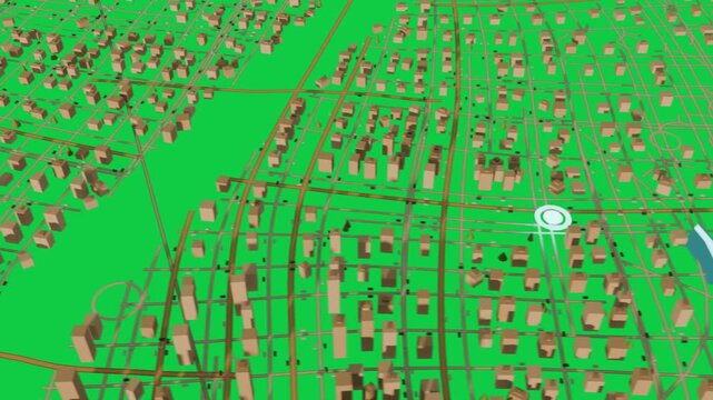 Pin appearing, 3D map zooming, route highlighting, marking destination, transparent background