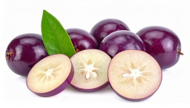 Purple star apple with glossy skin and star‑shaped seeds symbolizes exotic tropical fruit.