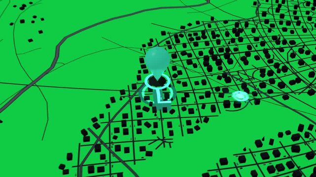 District activating, teal pin dropping pulsing, waypoint moving route for navigation on transparent