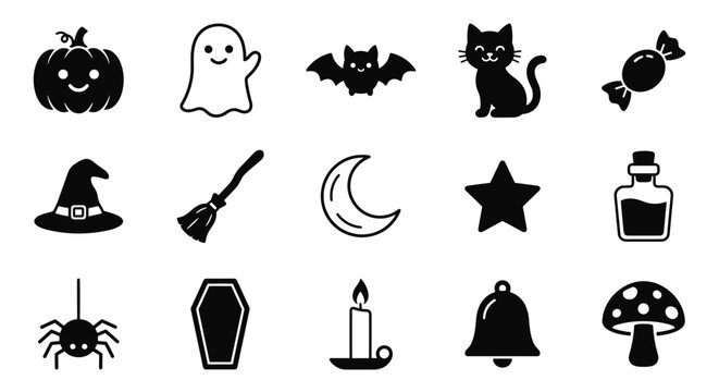 Cute Halloween icon set with spooky pumpkin ghost black cat bat candy spider and witch elements silhouette vector collection for holiday graphic design decoration
