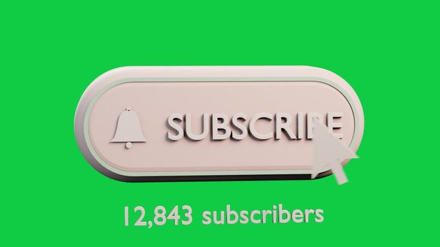 Cursor clicking 3D subscribe button, causing ripple, turning mint, updating count on transparent bg