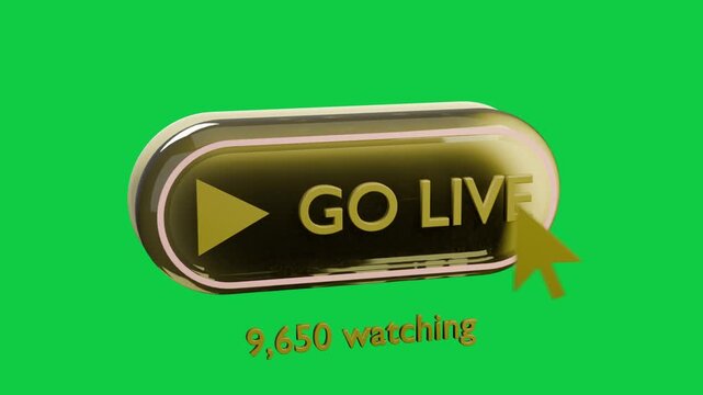 3D GO LIVE button rotating, transparent, cursor clicking, flashing, incrementing viewers to go live