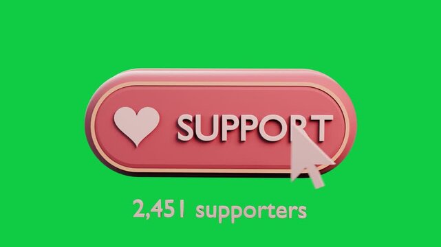 Big cursor entering top-right pressing 3D support button, updating supporters to 2,452 on clear bg