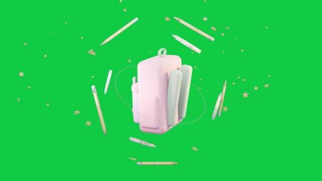 Dot expanding into pink backpack, pencils orbiting in rings, rotating and showcasing on transparent
