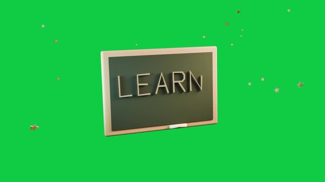3D chalkboard appearing then scaling while letters sliding to spell LEARN on transparent background