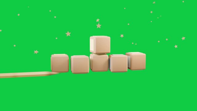 Stars appearing, beige cubes stacking while pencil sliding to form display on transparent canvas