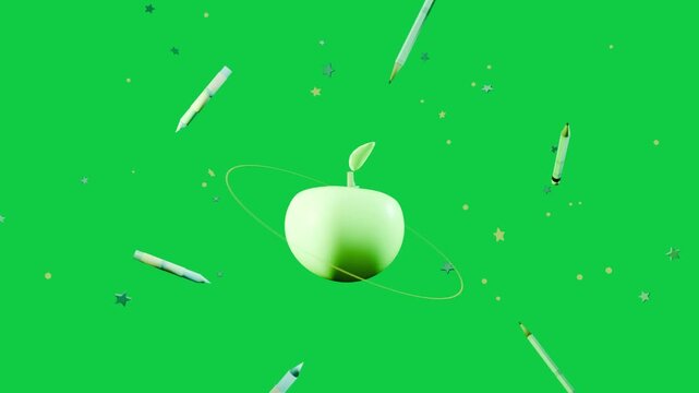 Green dot scaling into apple, rings and pencils orbiting, showing logo with transparent background