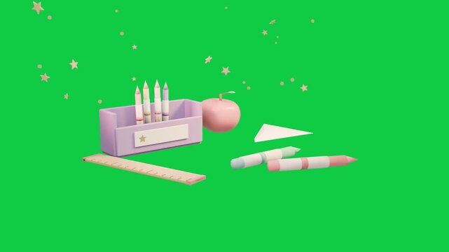 Pink dot starting, supplies popping, settling, stars drifting, balancing display on transparent bg