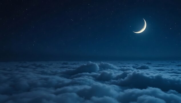 Serene crescent moon shining over a dense blanket of night clouds