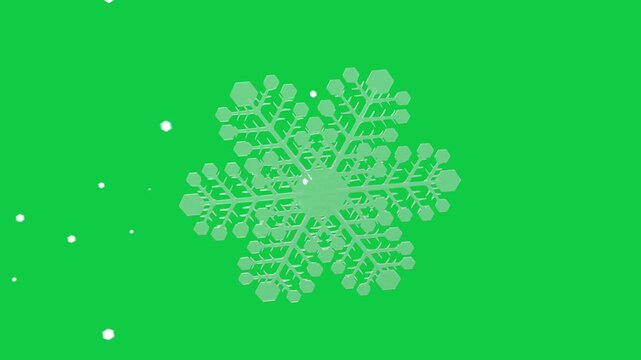 3D six-armed snowflake rotating, tilting after camera shift on transparent bg, showing hexagon