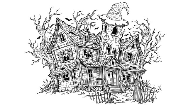 Spooky Halloween haunted house vector illustration featuring a creepy abandoned mansion with witch hat tower dead trees and flying bats for coloring book and holiday design