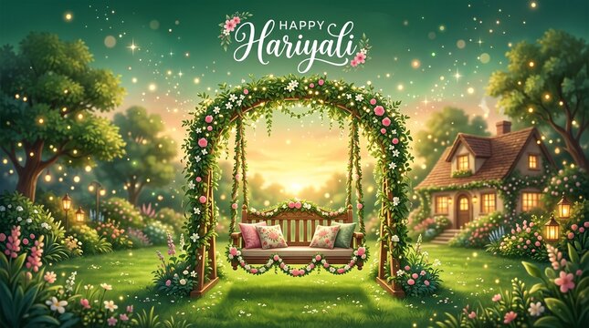 Happy Hariyali Teej Festival Greeting Card Design Featuring a Wooden Swing Adorned with Pink and White Flowers Underneath a Floral Archway Against a Green and Gold ... See More