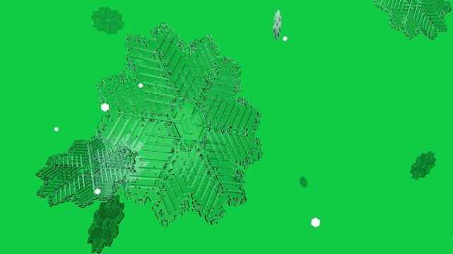 Faceted flake appearing moving toward camera tilting showing sixfold symmetry on transparent field