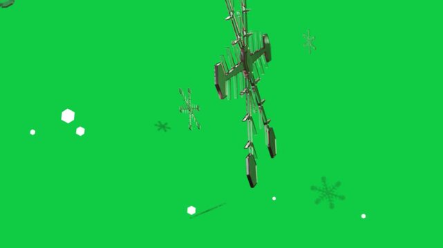 On play rose-gold snowflake descending, rotating, tilting to reveal facets on transparent bg