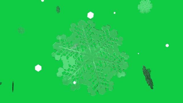 On start main hex snowflake moving closer, rotating while particles drifting as transparent overlay