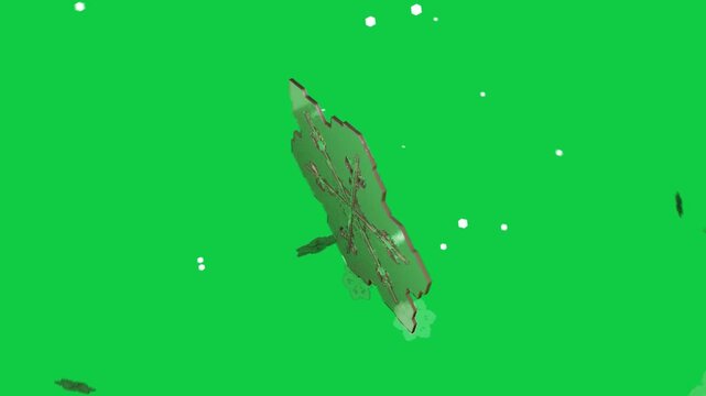 At start shiny hex flake rotating, tilting, drifting on transparent background for compositing
