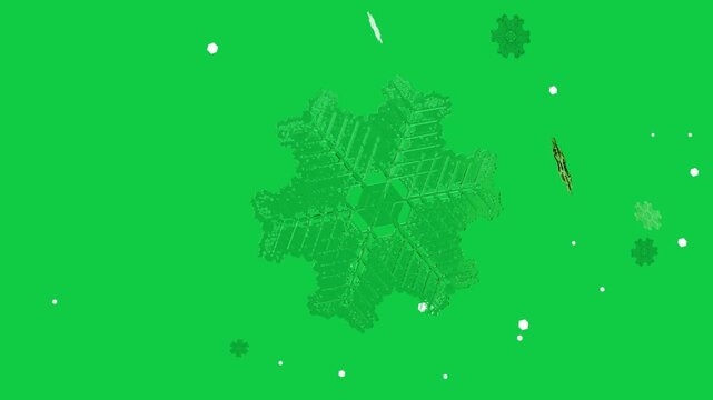 Starting tilt moving hex crystal spinning as small bits drifting showing green tint, transparent bg