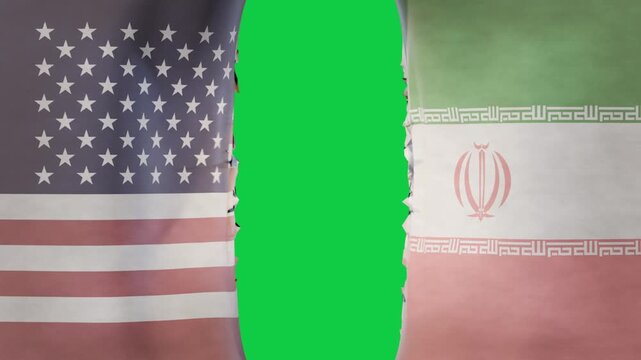 Center dimming starting, forming slit, US-Iran flags tearing, peeling, showing split on transparent