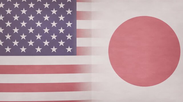 Seam splitting, US and Japan flags tearing, revealing black gap on transparent bg showing division
