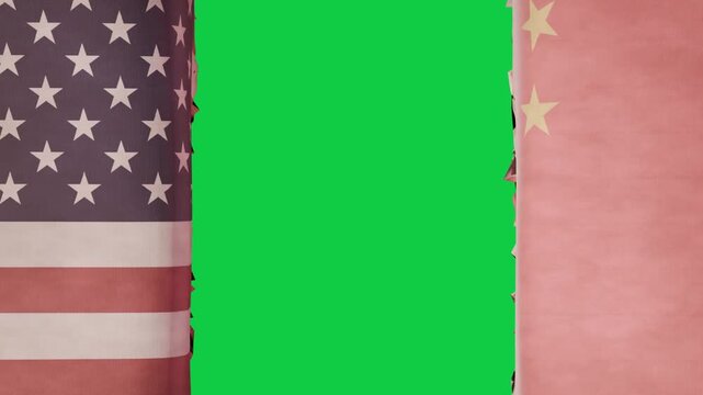 Blended center tearing open, US and China flags separating, revealing black void on transparent bg