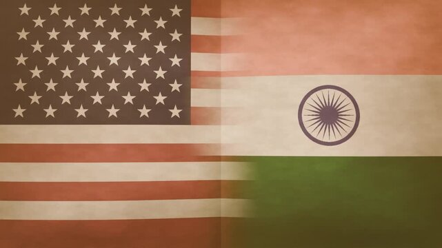 Center tear forming, US and Indian flags tearing, revealing void to show division on transparent