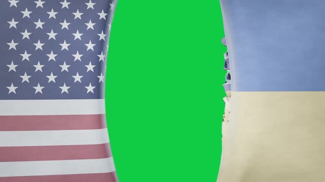 US, Ukraine flags seam smearing, black mask forming, widening, separating, transparent background
