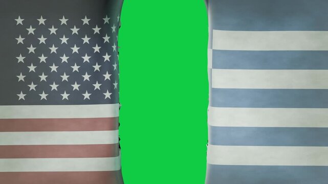 Motion blur starting US and blue-white flags splitting, revealing transparent void showing division