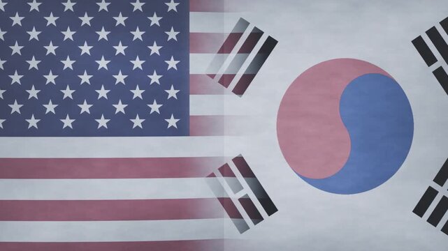 Top-center tear opening, US, South Korea flags splitting, gap forming, showing rift, transparent