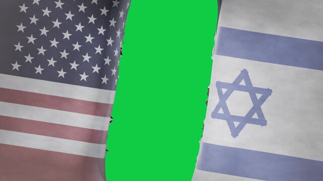 US and Israel flags drifting, tearing as seam darkening initiating transparent background reveal