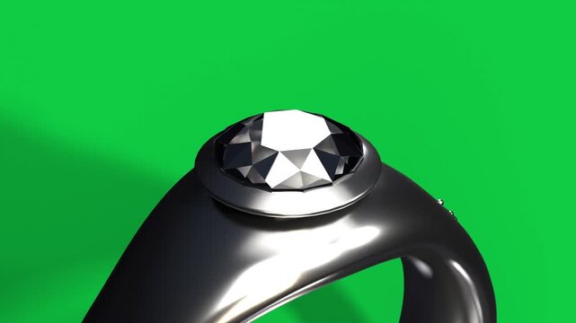 Camera pulling back, tilting, ring rotating with glares, showing bezel gem on transparent backdrop