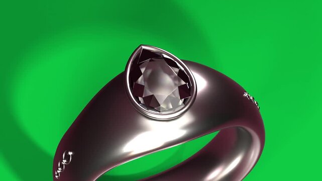 Ring rotating from glint, camera orbiting showcasing bezel, pear gem and hallmark on transparent bg