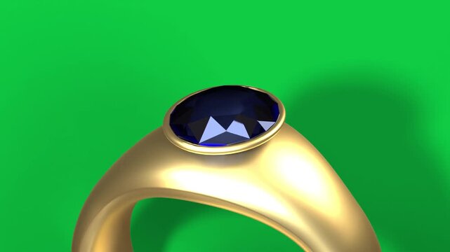 Gold ring rotating after light sweep, camera pulling back, showing blue gem on transparent backdrop