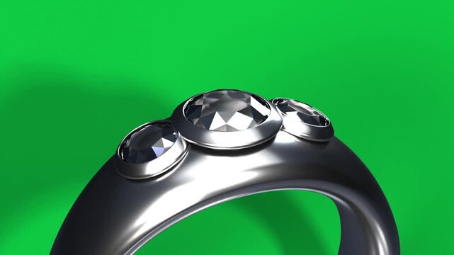 Start camera pulling back, orbiting, ring showing three stones and band, showcasing, transparent bg
