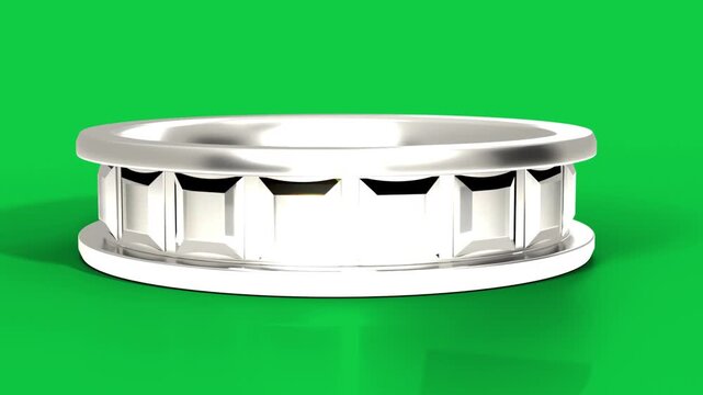 Chrome ring triggered by light cue, rotating and tilting to showcase reflections on transparent bg