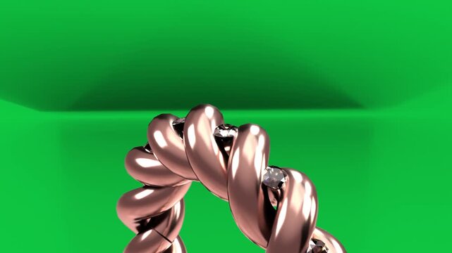Rosegold ring entering top, rotating and revealing gems, showcasing reflections on transparent bg