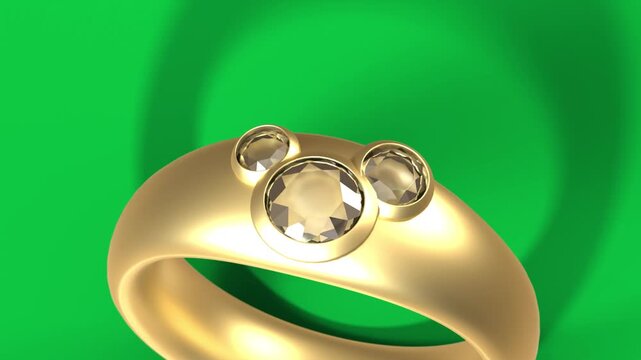 On play gold ring rotating and tilting clockwise, revealing gems on transparent black showing form