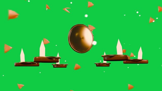 Orange petals sparking coin rotating and drifting to reveal faces, spike bases framing, transparent