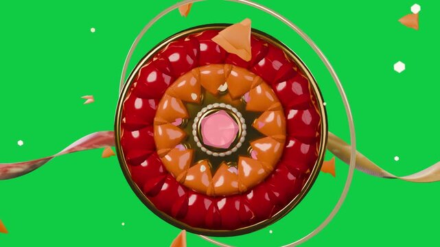 With ribbon streaming, rotating mandala, hoops and shards orbiting, showing pink gem, transparent