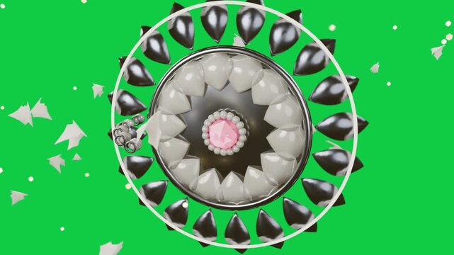 Nozzle firing shards as jewel ring rotating, teeth shifting and making gaps on transparent backdrop